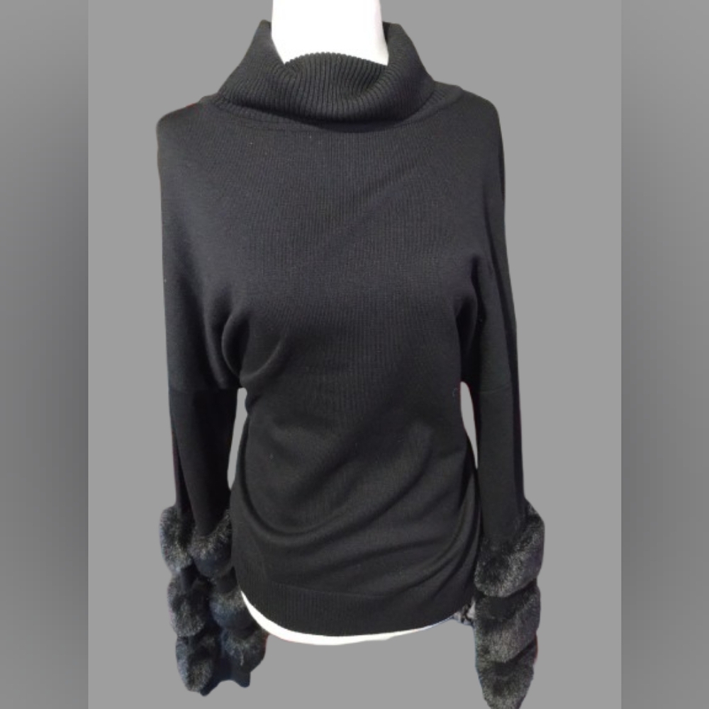 New "NWT" Emily Women's Black Long Sleeve Sweater, Accented Faux Fur Cuffs, XL